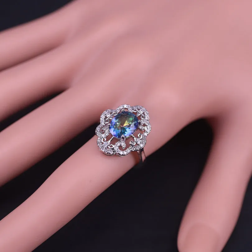 Dubai luxury style rainbow CZ Silver Color Jewelry earrings necklace ring set for women the best wish gift | Украшения и