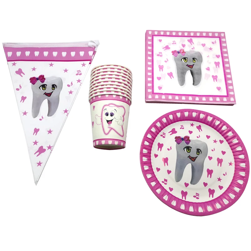 

Baby Shower Tableware Set Girls Favors Banner Flag Pink First Tooth Napkins Decorate Tablecloth Birthday Party Cups Plates 80pcs