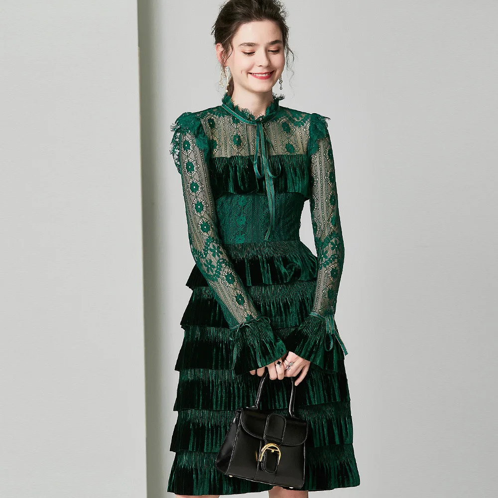 Винтажное многослойное платье с расклешенными рукавами и бантом женские темно