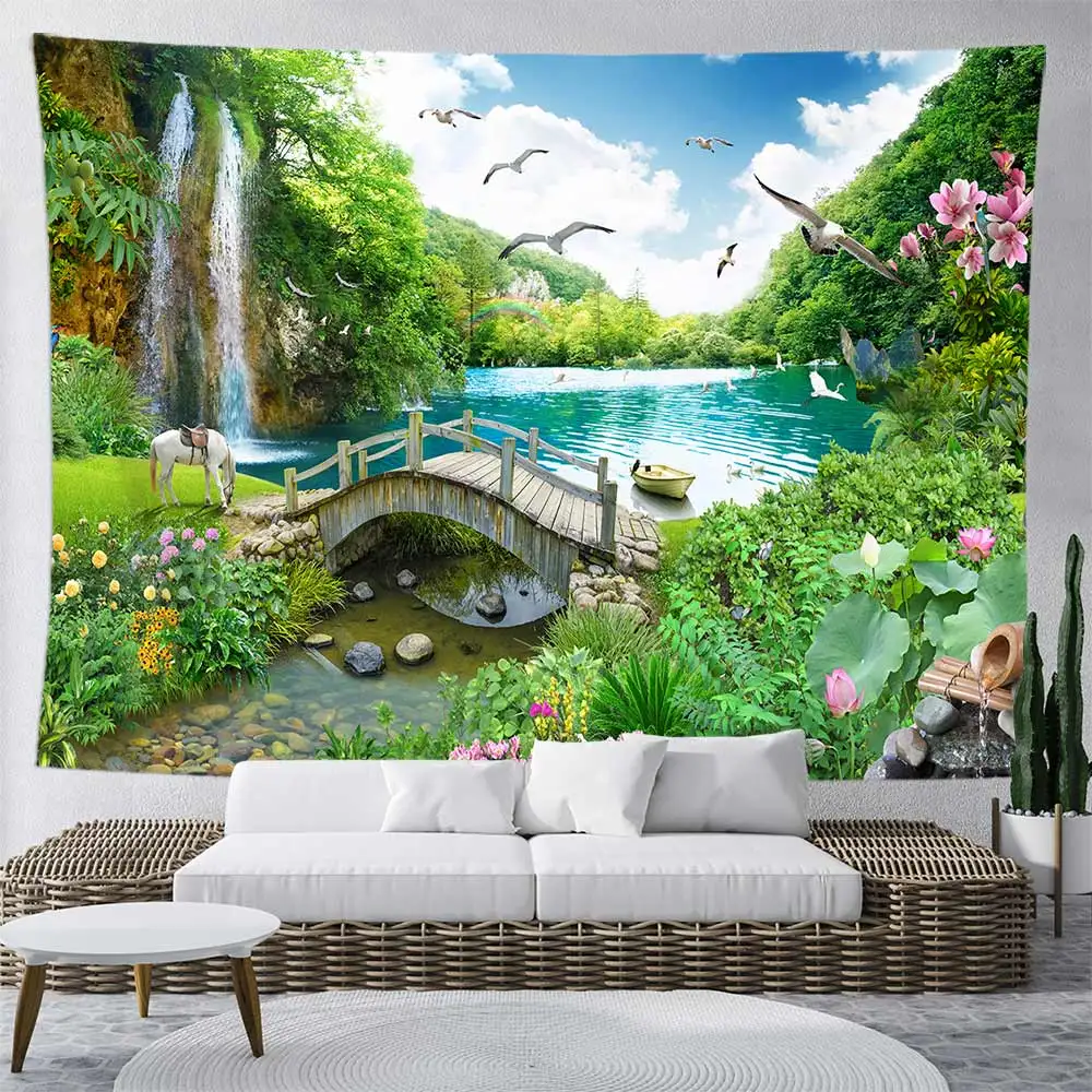 

Mysterious Forest Tapestry Wall Hanging Flower Jungle Animal Landscape Illustration Tapestry