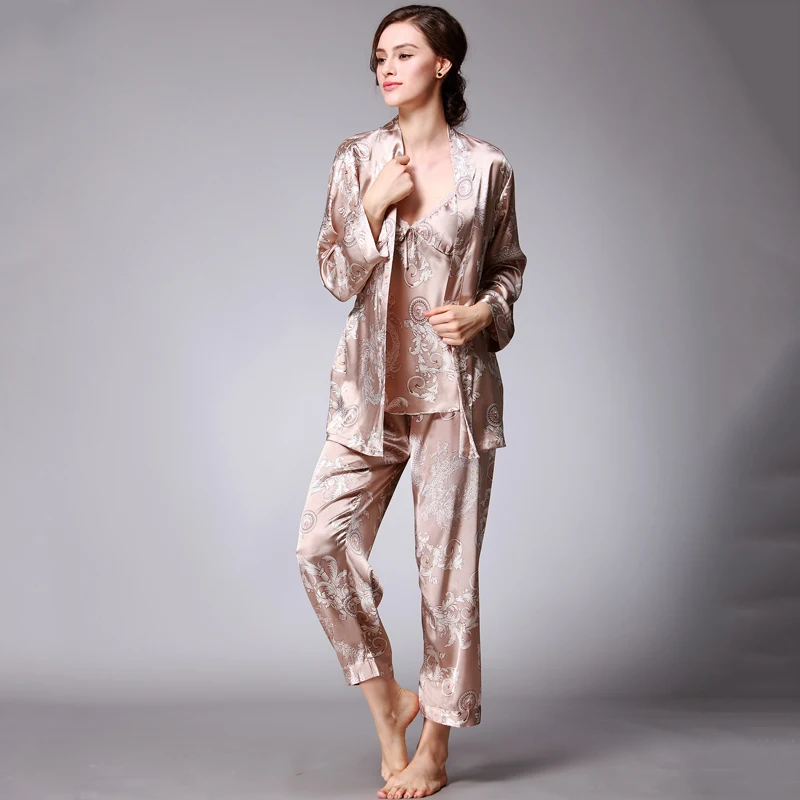 

Spring 3 Pieces Silk Pajamas Set Women Print Sleepwear Summer Satin Pajamas Nightwear Lounge Wear Set Ladies Loungewear Homewear