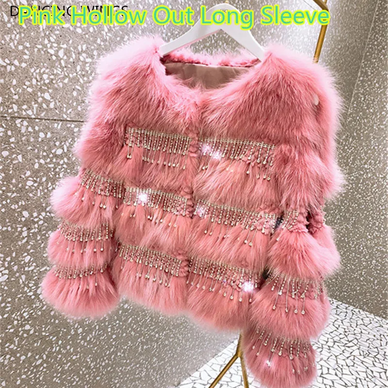 Pink 2 Женская шуба из натурального Лисьего меха с бахромой и яркими бриллиантами, женская повседневная куртка с круглым вырезом и длинным рукавом, короткая зимняя куртка из лисьего меха - Цвет: Pink 2