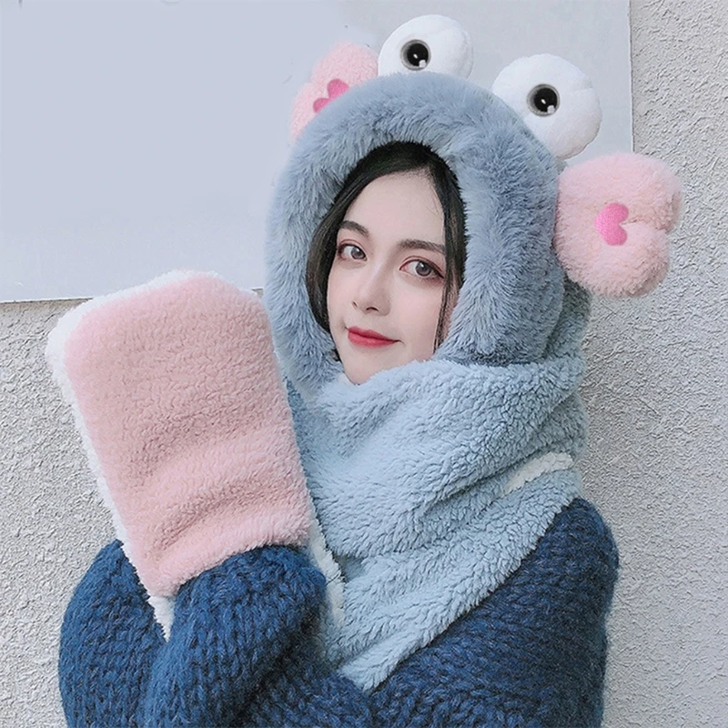 

Women Winter Warm 3 In 1 Fuzzy Plush Hooded Scarf Hat Gloves Set Cartoon Big Eyes Ears Contrast Color Windproof Earflap Cap Poc