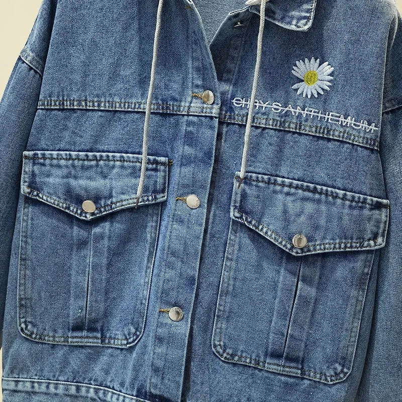 

Fashion Embroidery Hooded Streetwear denim jacket Women Vintage Casual Loose big size Coat Ladies spring fashion black chaqueta