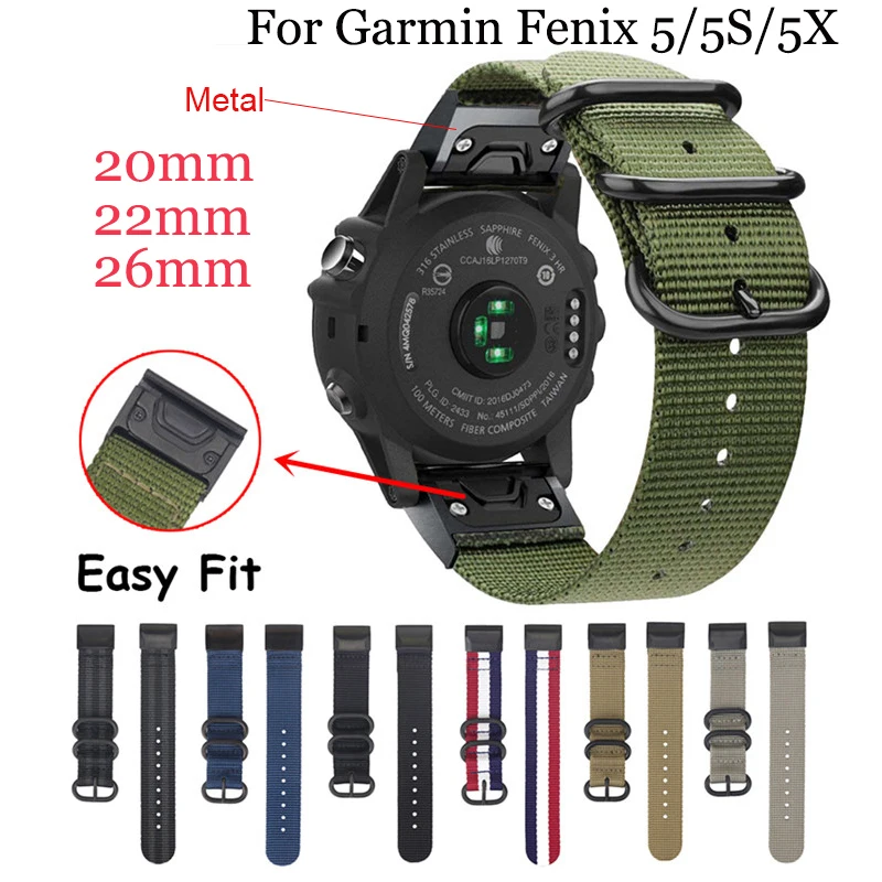 

26 20 22mm Nylon Canvas Watchband Wriststrap For Garmin Fenix 6X 6 6S Pro 5X 5 5S Plus 3 3HR Easy Fit Quick Release Wirstbands