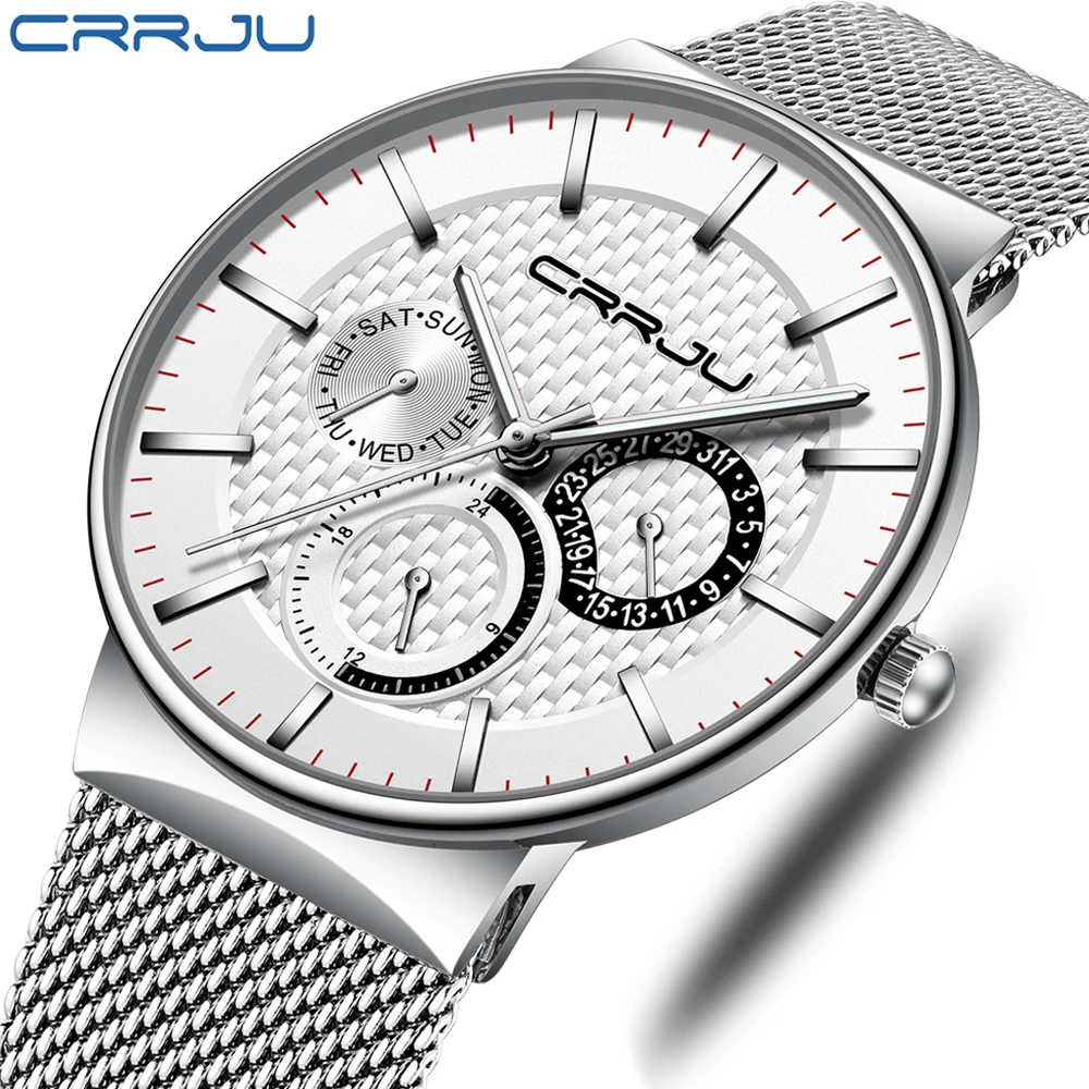 

Часы наручные CRRJU мужские с сетчатым ремешком, модные деловые, с отображением недели, из нержавеющей стали, 2021
