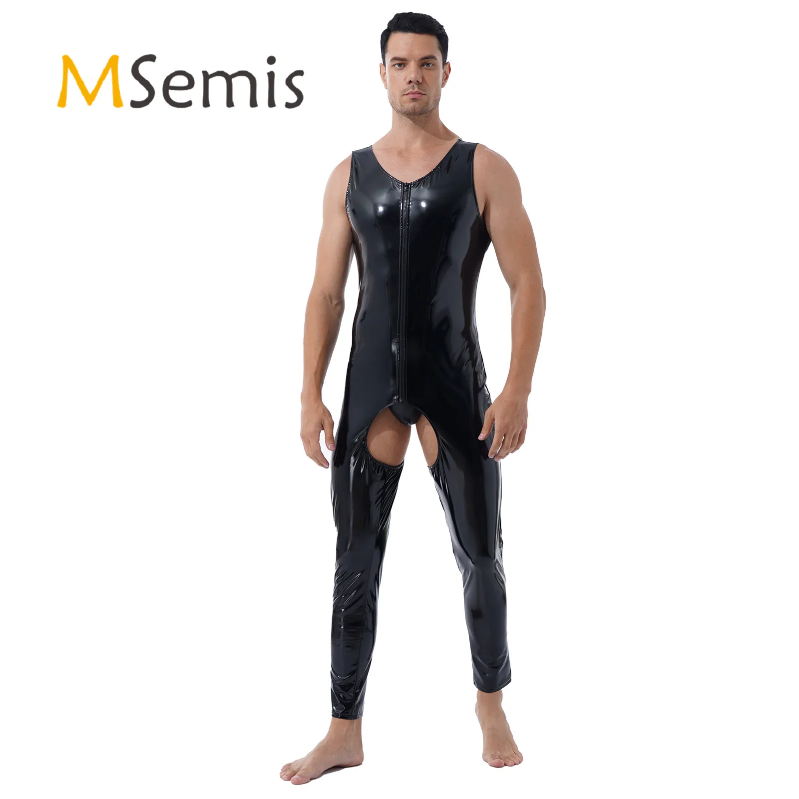 

Mens Gay Male Wet Look Leather Lingerie Teddies Bodysuit Sleeveless Back Zipper Crotchless Sissy Night Party Clubwear Costume