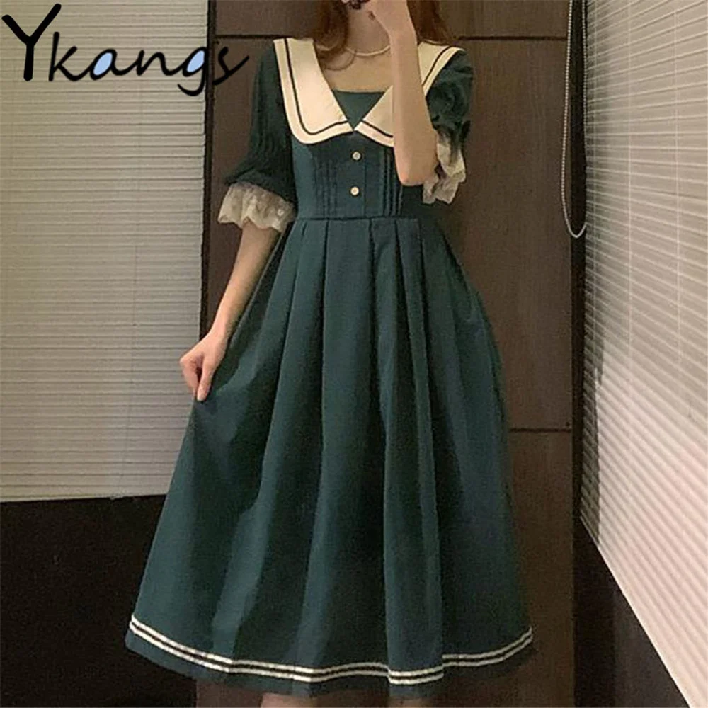 

Vestidos Elegant Green Lace Flared Short Sleeves Fairy Dress Navy Collar Sweet Cute Japanese Style Summer Slim Vintage Clothing