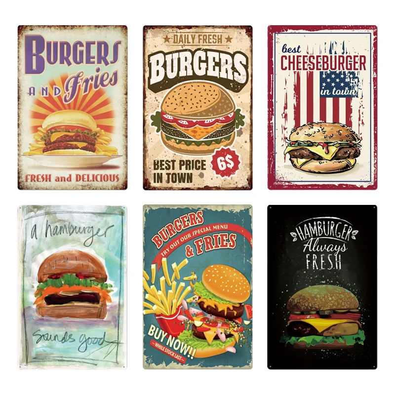 

Hamburger Metal Sign Plaque Vintage Fast Food Resturant Tin Sign Wall Decor for Kitchen Cafe Diner Bar Burger Metal Signs 20x30c