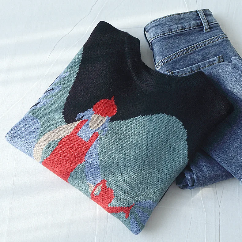 Mooirue зима 2019 забавный свитер с принтом женский круглым вырезом свободный