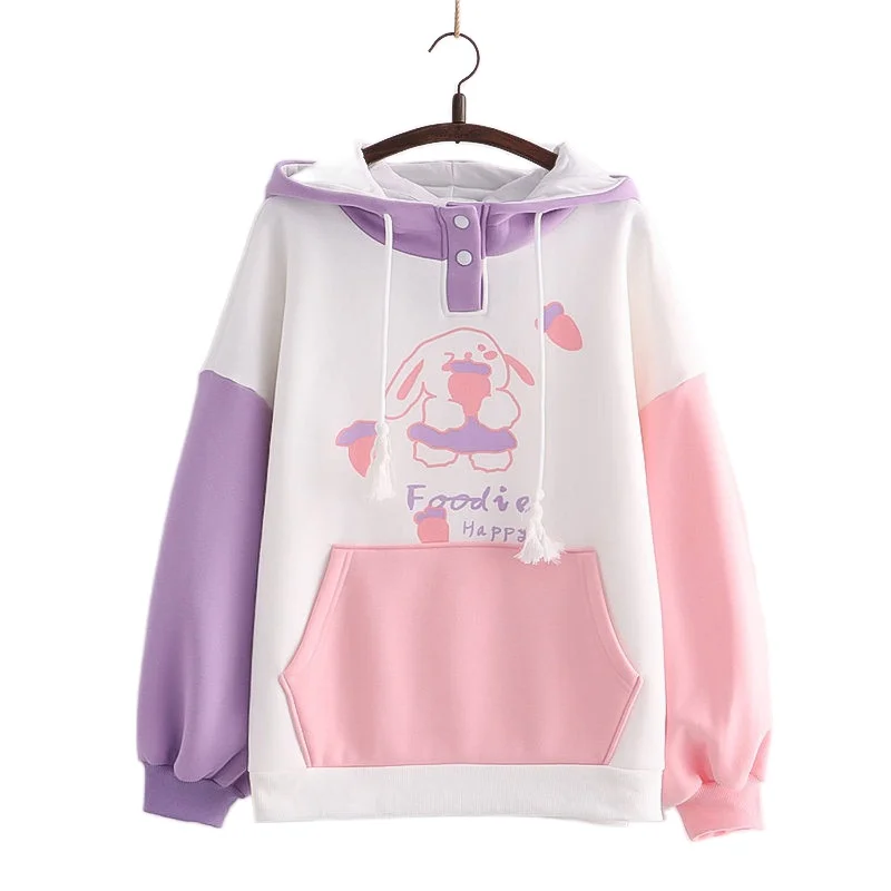 Women Rabbit Eat Radish Print Color Matching Plus Velvet Patchwork Hoodies Sweatshirts 2022 Winter Thick Hooded Pullovers 23846