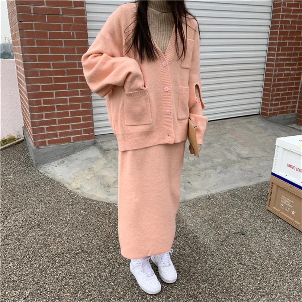 

대한민국 Autumn Knitted Slim Two Pieces Sets Hollow Out Chic 2021 Loose Retro Sweaters High Waist Bodycon Long Skirts Suits