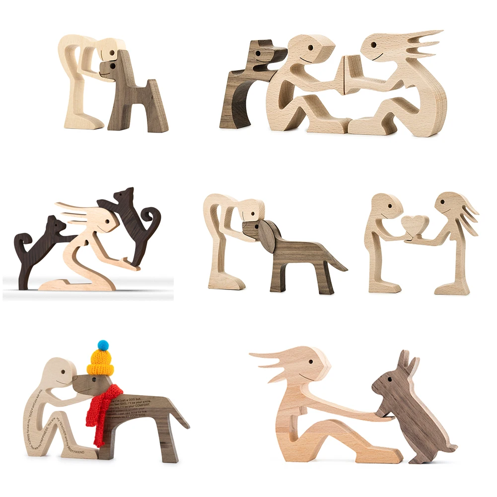 

Wood Puppy Family Table Figurin Decor Ornaments Wooden Dog Craft Statue Home Decoration Cute Human and Pets Sculpture Craft Gift
