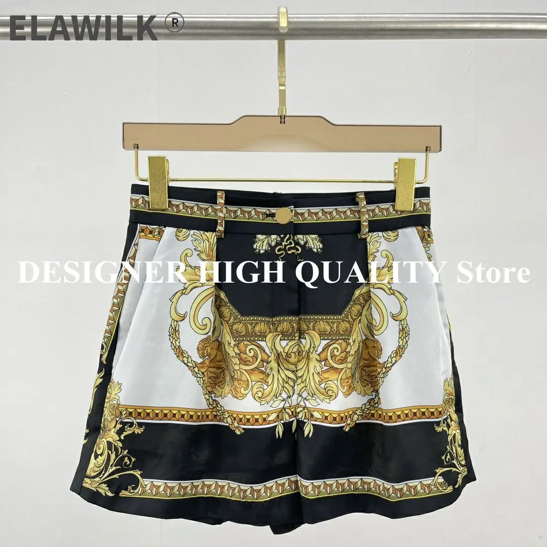 

High-end Fashion Shorts Women Gold Flora Print Totem Loose Casual Shorts 2021 New Summer Beach Wear High Waist Shorts