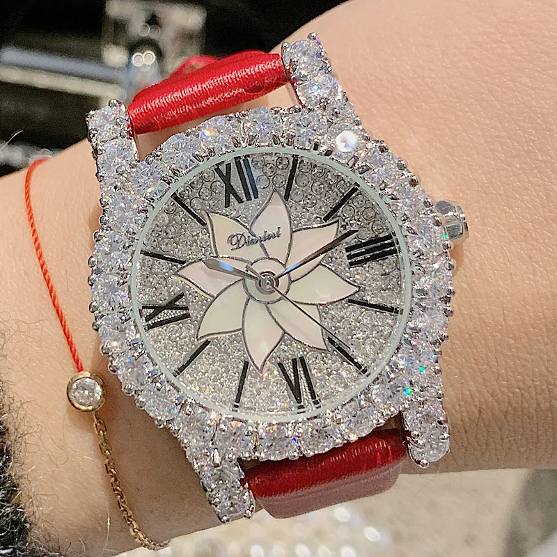 Роскошные брендовые серебряные женские часы со стразами кварцевые с кристаллами