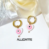 1 pair pink heart shell evil eye hoop earrings for women fashion turkish lucky greek eye golden stainless steel earrings jewelry