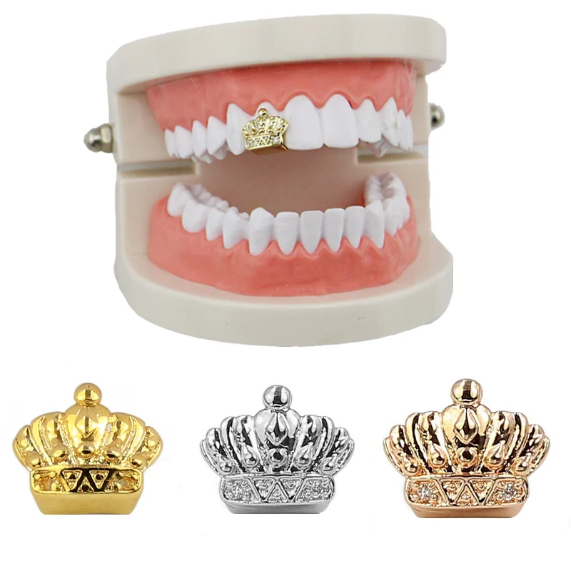 

1pc Golden Silver Crown Single Tooth Grills Cap Hip Hop Top Bottom Tooth Gems Braces Decor Body Jewelry Gifts Dental Accessories