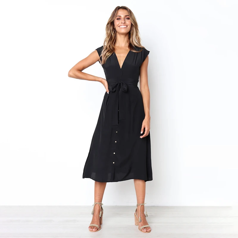 

Spring Summer Fashion Striped Lace Up Button Women's Medium Length V-Neck Sleeveless Dress Dresses for Women Clothing