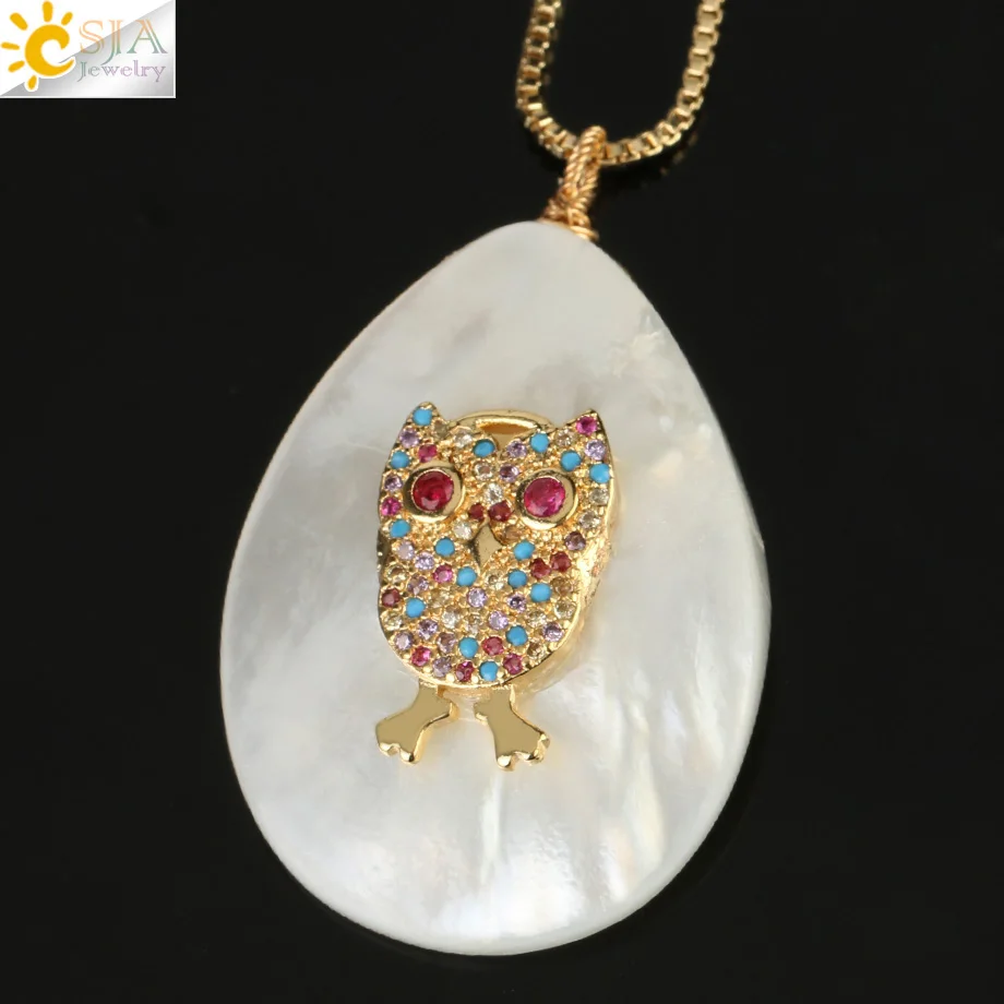 Owl Csja Капля воды, белый Абалон оболочки кулон ожерелье жемчужные раковины золотого цвета крыло сердце Подвески Циркон элегантные женские ювелирные изделия G239 - Окраска металла: Owl
