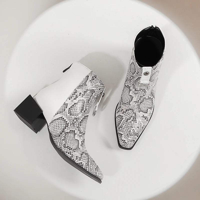 

Oversized Snakeskin Leather Stitching Square Toe Chunky Heel Chelsea Boots Stone Pattern Thick Bottom Mid Heel Ankle Boots Snake