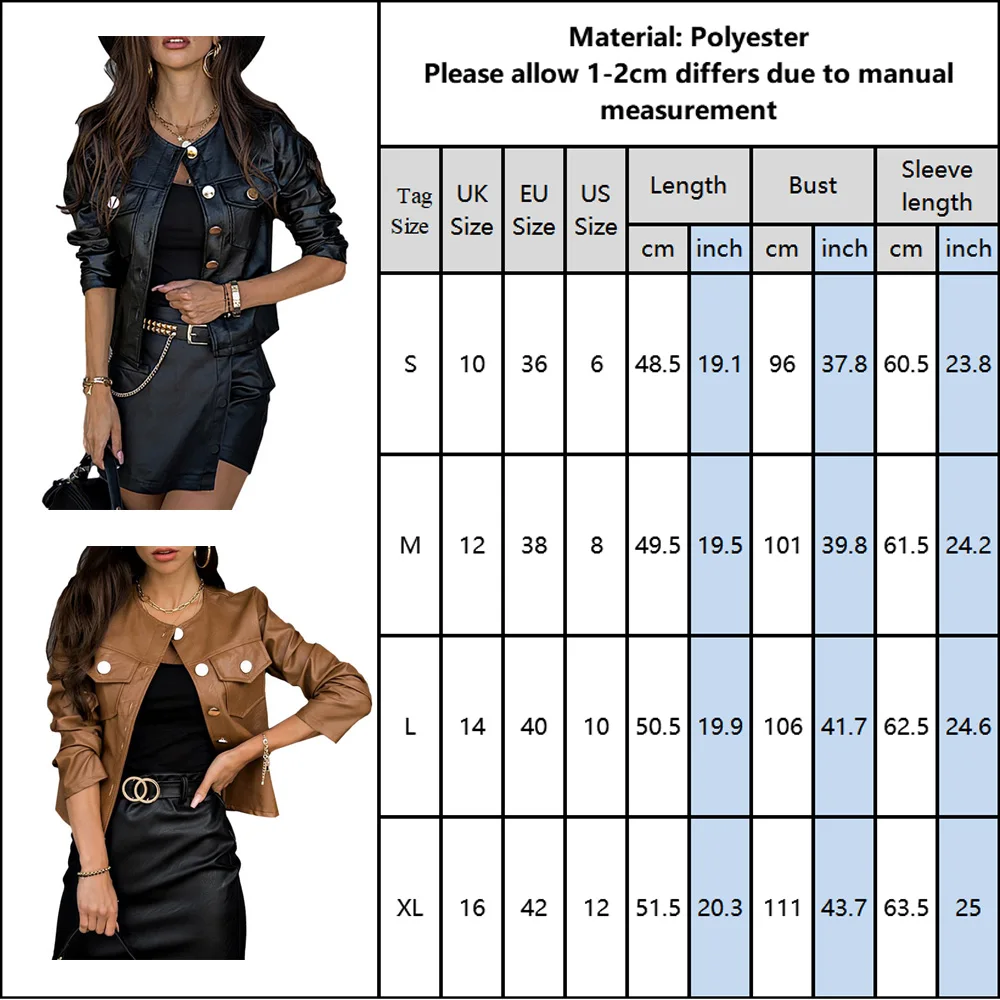 

Women PU Leather Jackets Retro Ladies Button Up Bomber Outwear Spring Puff Sleeve Short Thin Slim Casual Pocket Biker Coats D30