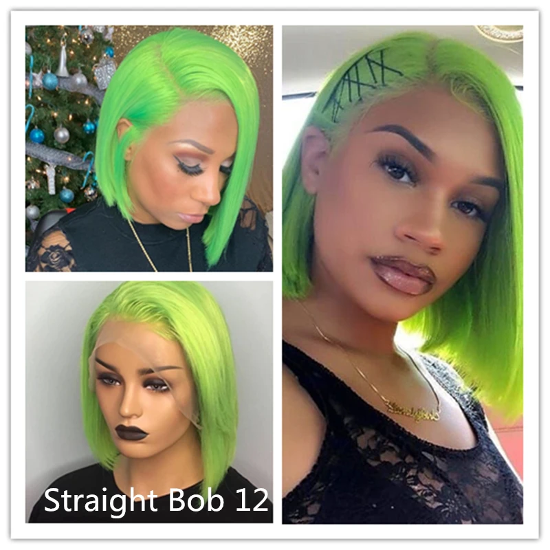 Бразильский зеленый прямой Боб 13х6 глубокая часть фронта человеческих волос