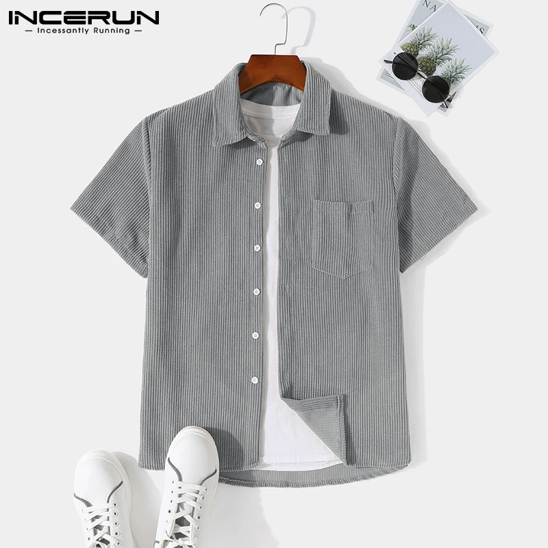 

Рубашка INCERUN Мужская Вельветовая с отворотом, короткий рукав, карманы, уличная одежда, повседневная одежда, лето 2021, на пуговицах, однотонная...