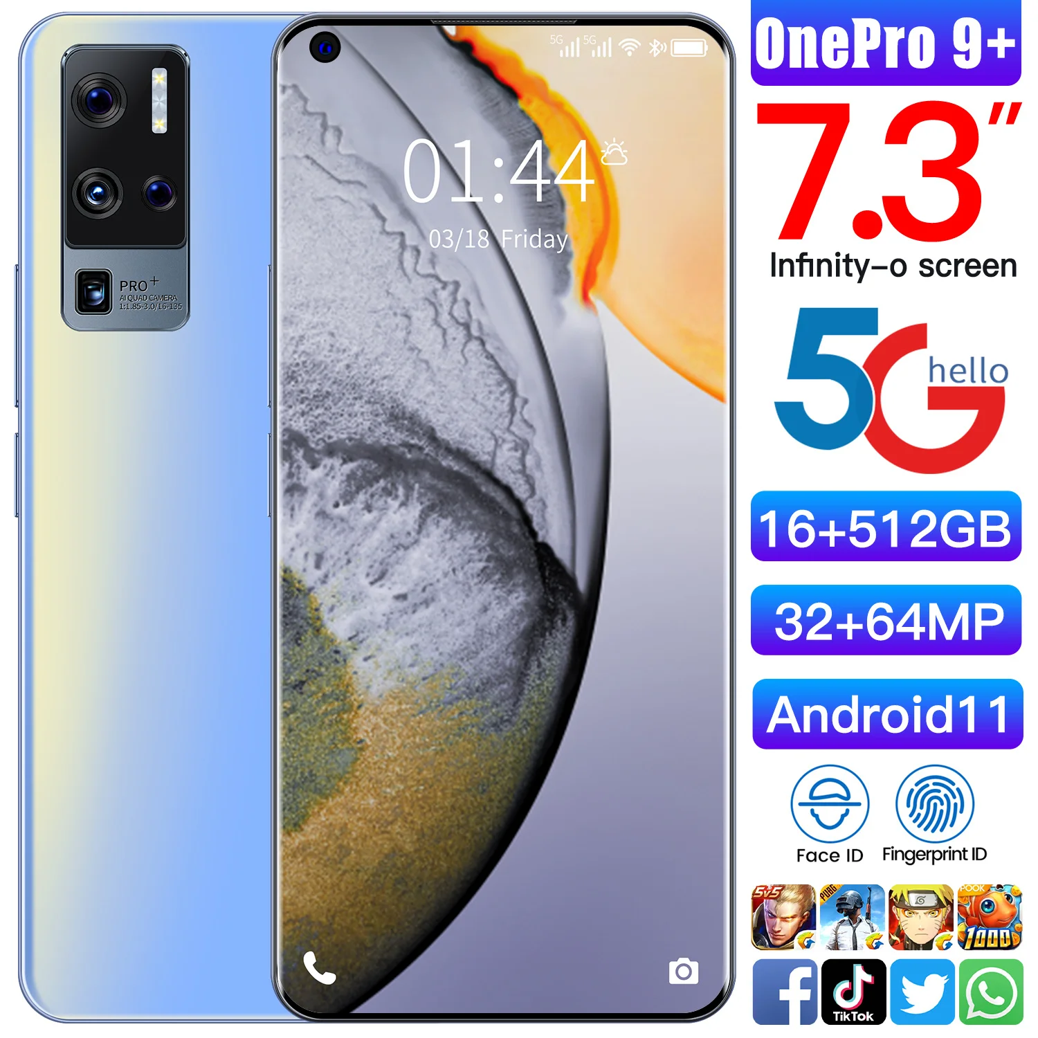 

2021 Global Version OnePro 9+ 7.0 Inch Smartphone Fast Shipping 12G 512GB Dual SIM Dual Standby Support 4G 5G Network Cell Phone