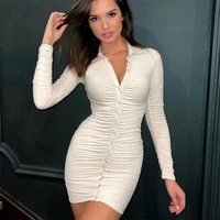 womens new autumn casual dresses vintage bodycon single breasted summer long sleeve dress simply ruched y2k women clothing 2021