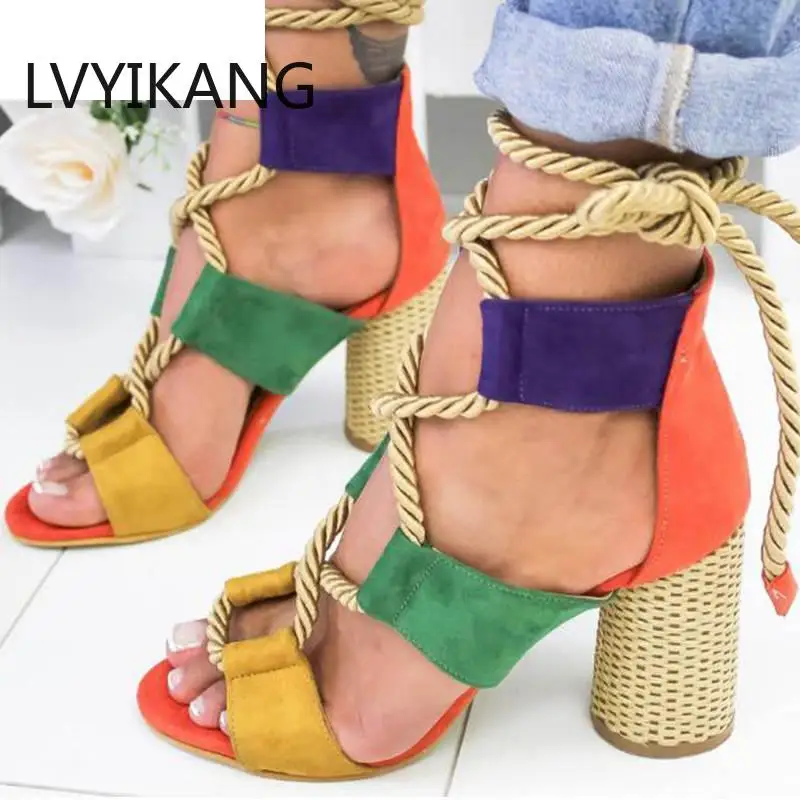 

Туфли-лодочки женские на шнуровке, сандалии на толстом квадратном каблуке, высокие босоножки-гладиаторы, обувь с ремешком с узлом, модная ле...