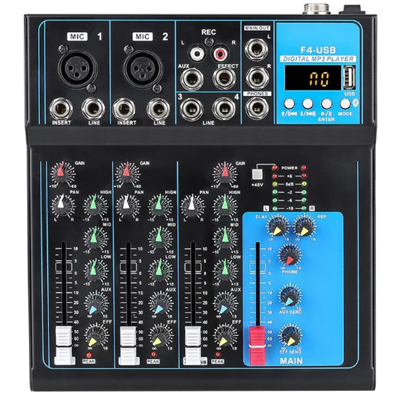 

F4 4 Channel Audio Mixer Sound Professional Mixing Console with Bluetooth USB Recording 48V Phantom Power EU Plug