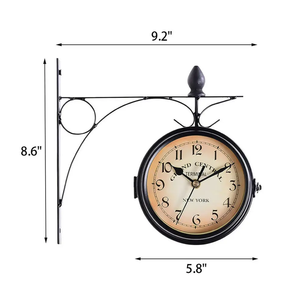 

Outdoor Round Wall Clock Hanging Retro Double Sided Battery Powered Metal Mount Vintage Station Home Garden Coffee Bar Decor
