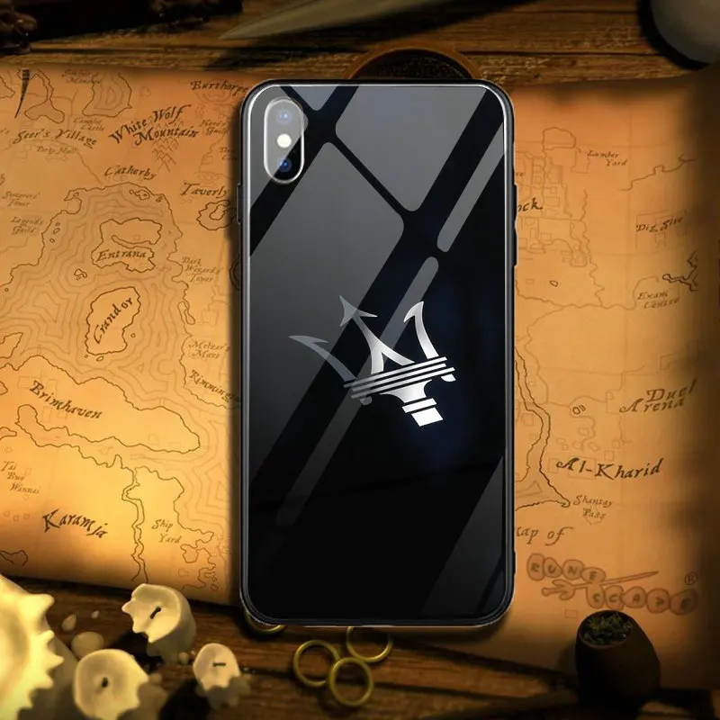Популярные Чехлы Maserati с логотипом автомобиля из закаленного стекла для iPhone 5 5S SE 6 6s Plus 7 8 Plus X XR XS Max Capa Coque Funda