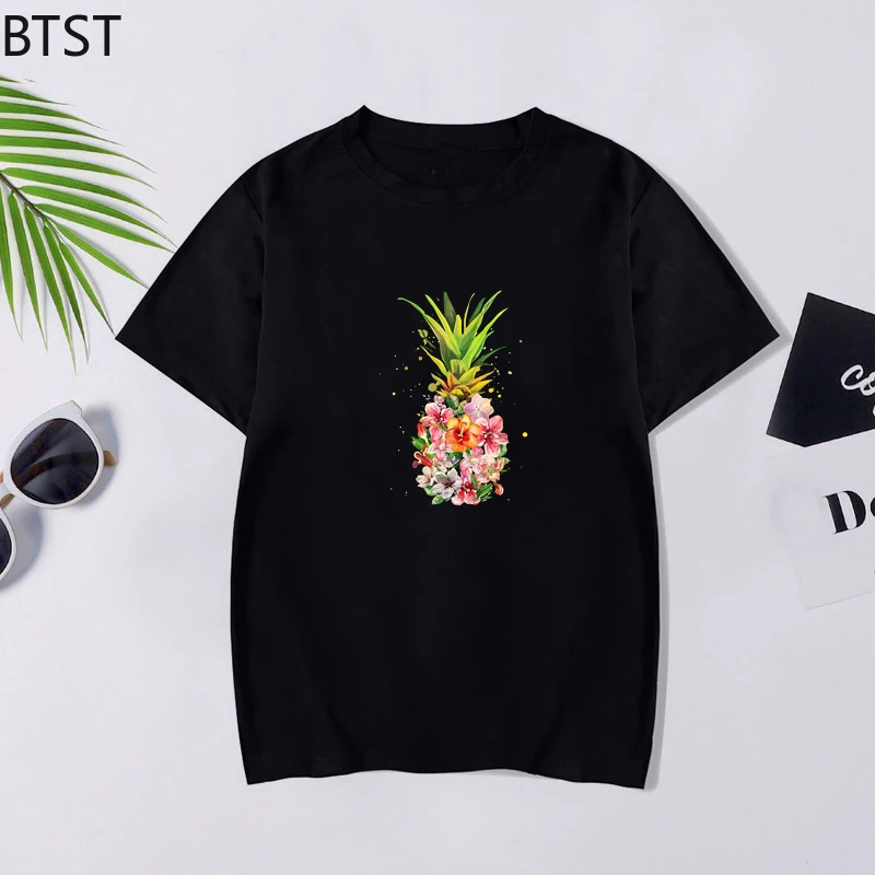 Хорошая ананас с цветочным принтом черная футболка для женщин большеразмерная