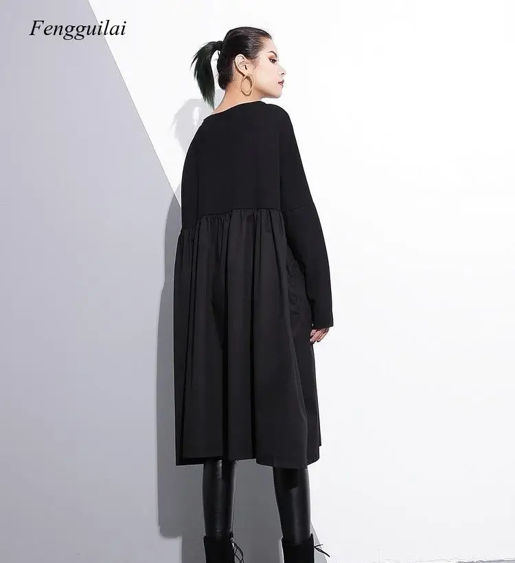 

2020 New Spring Round Neck Long Sleeve Black Big Size Pockets Fold Split Joint Big Size Dress Women Fashion Tide