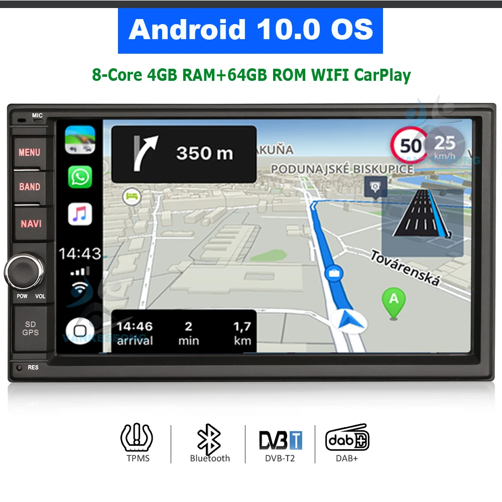 Автомагнитола 2 DIN 7 дюймов GPS-навигация Android 10 спутниковая навигация Bluetooth Wi-Fi USB 1080P