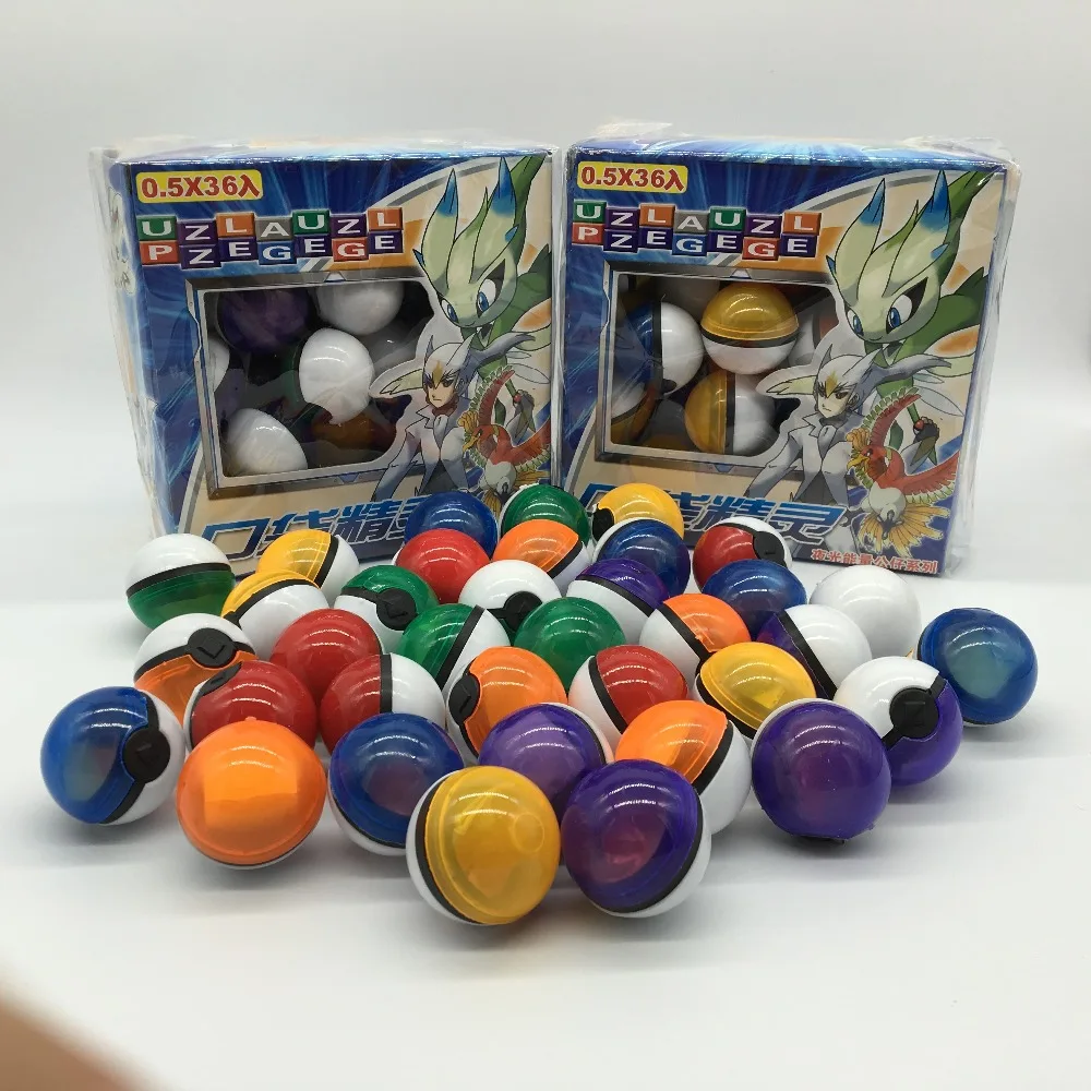 36pcsbox 30mm poke random one crystal pet mon spiri and 2pcs cards sticker anime game pocket ball fire dragon action figure toy free global shipping