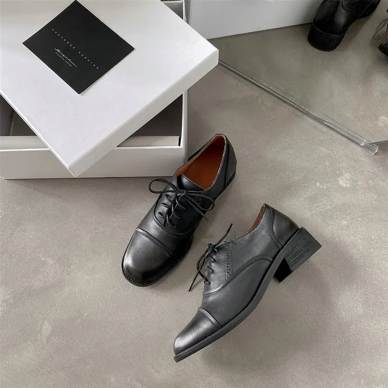 

NIKOVE 2021 Spring Autumn Square Toe Lace Up Women Pumps Shoes Cow Leather Square Heel Fashion Ladies Shoes Size 34-40