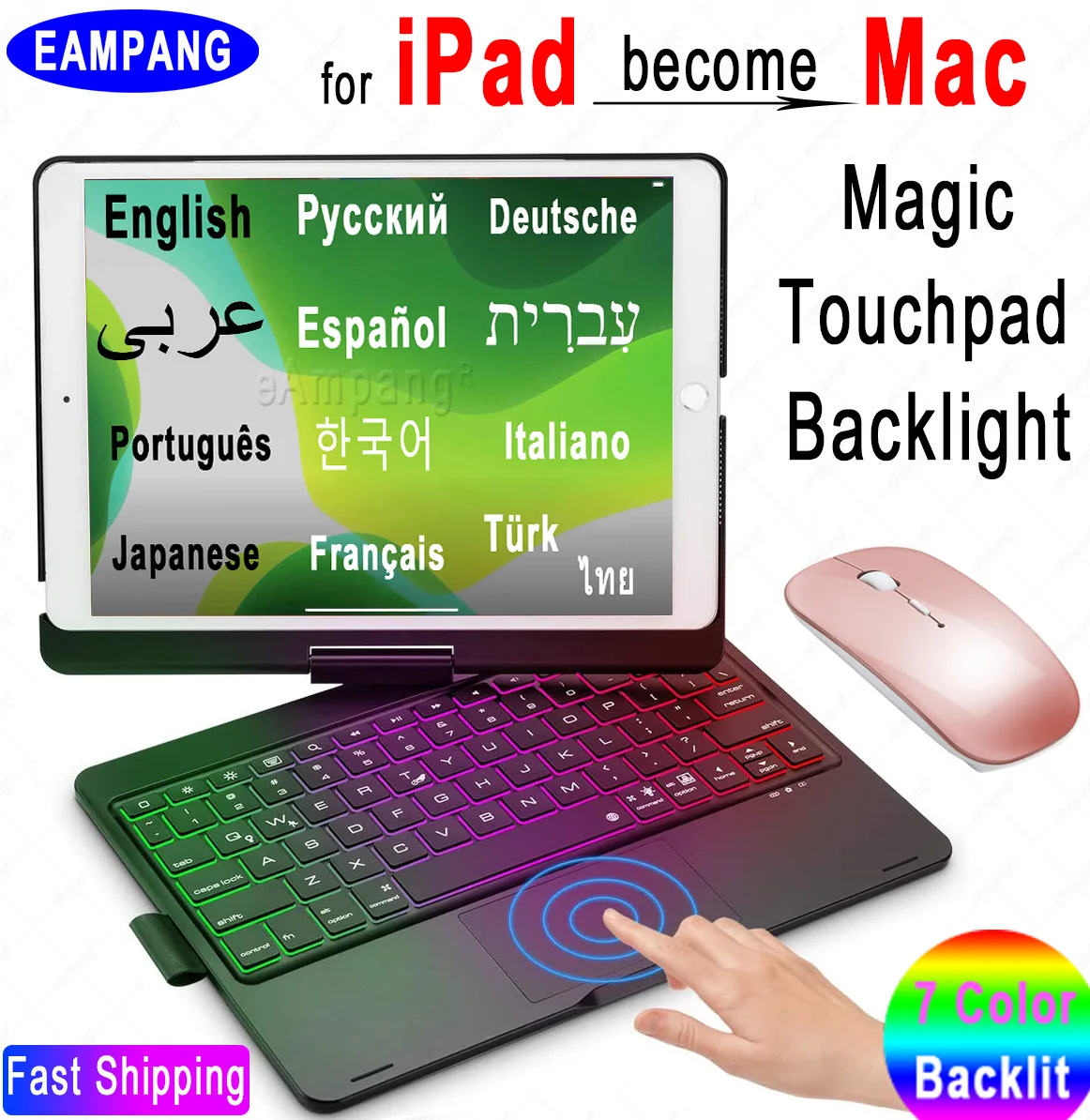 Magic Touchpad Mouse Keyboard Case for iPad 10.2 7 7th 8 8th 9 9th Gen Pro 10.5 Air 3 Russian Spanish Arabic Korean Keyboard