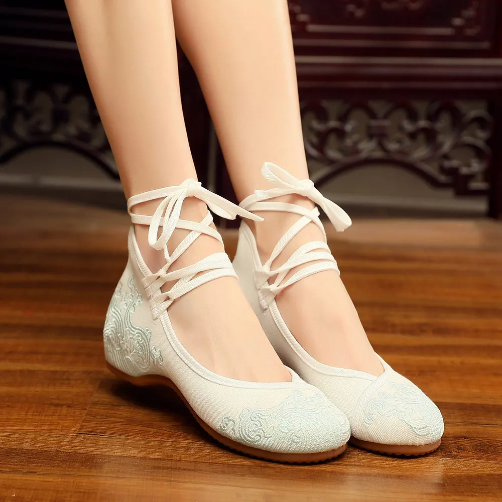 

YourSeason Mid Top Ladies Canvas Embroidered Ballet Shoes Ankle Strap Retro Women Chinese Old Beijing Casual Walking Flats