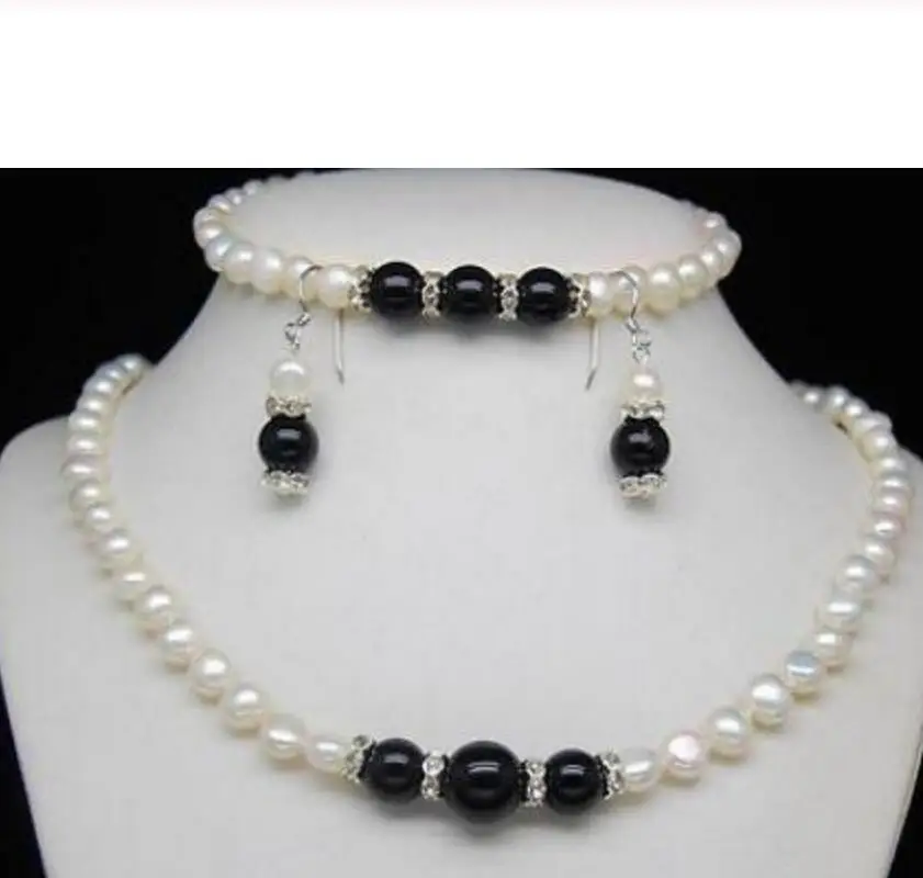 

new hot Excellent Lovely 8-9mm white Pearl Black agate Necklaces Bracelets Earrings set
