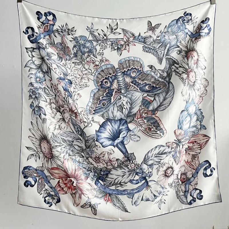 

Floral & Butterfly Print 100% Silk Scarf Neckerchief Women Large Square Elegant Silk Shawl Cape Echarpe 35"x35"