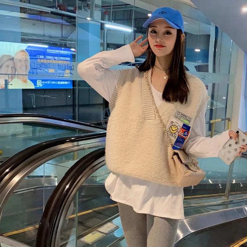 

Korejepo Women Knitted Sweater Vest 2021 Autumn and Winter New Vintage V-neck Loose Sweater Patch Contrast Color Vest Female Top