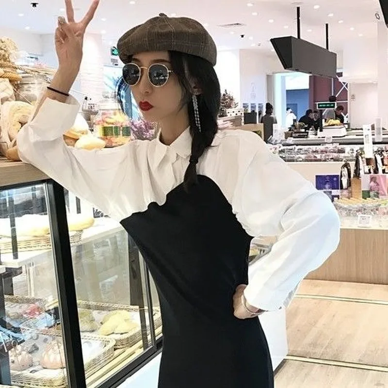 

QWEEK Long Sleeve Mini Dress Women 2021 Spring Fashion Korean Style Kpop Dress Elegant Ladies Black White Patchwork Outfits