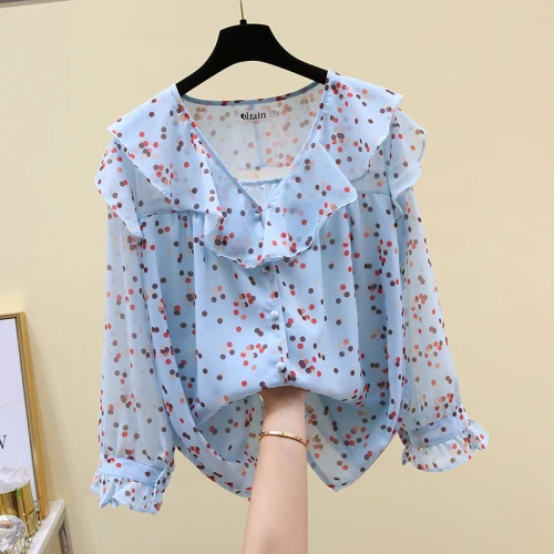 

2021 Spring New Ruffled V Collar Chiffon Shirt Women's Polka Dot Print Fashion Temperament Office Lady Blue Blouse Blusas Femme