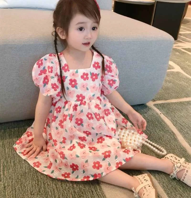 

Cultiseed Girls Summer Cute Sweet Square Collar Puff Sleeve Color Floral Princess Party Dress Baby Children Kids Casual Gowns