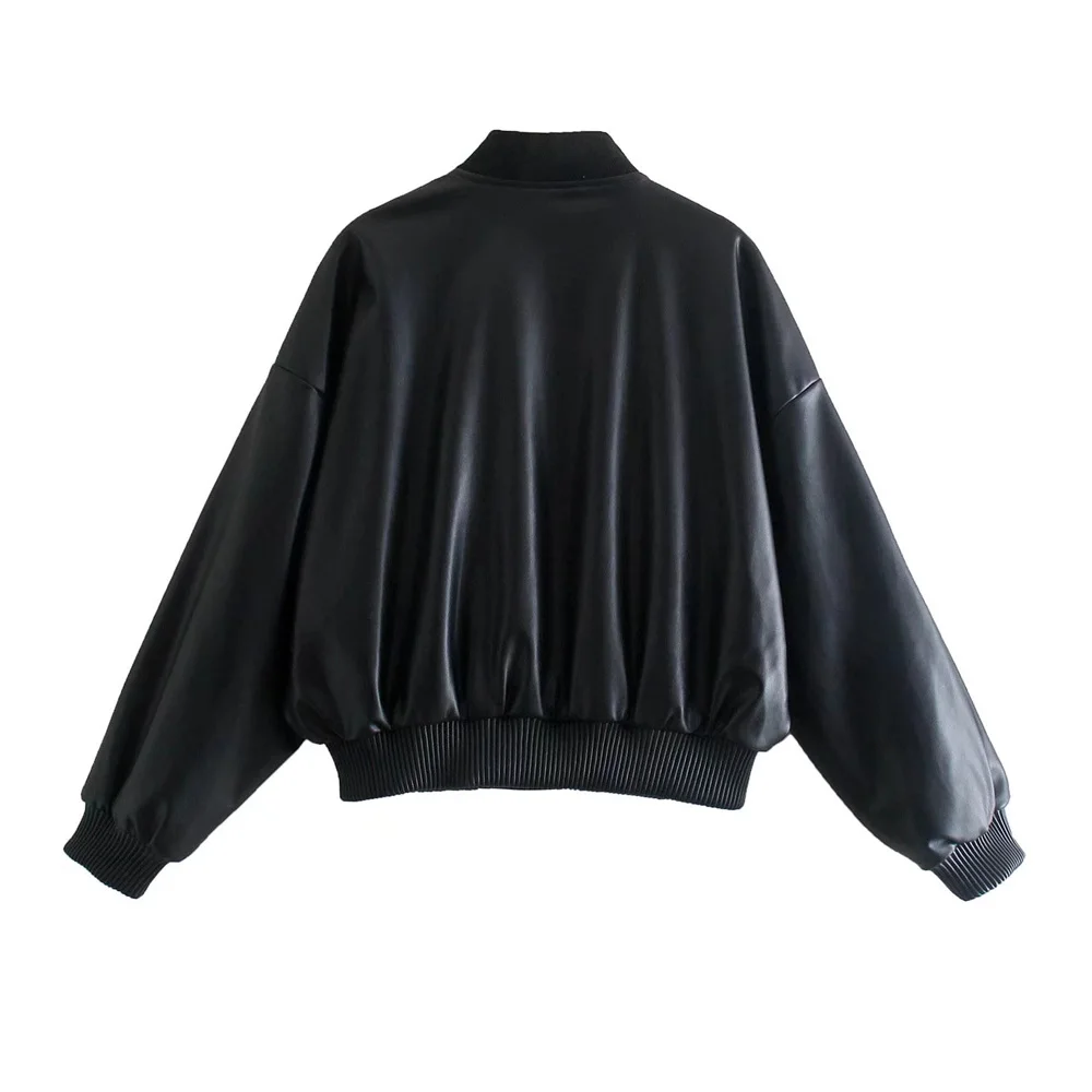 MOLAN Za Faux Leather Black Jacket Woman Fashion Oversize Long Sleeve O Neck Leather Coat Zipper Vintage Female Outwear Top