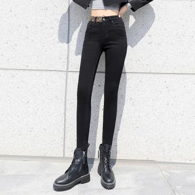 

Серый женские облегающие джинсы с высокой талией женские зауженные модные корейские мыть деним узкие брюки стрейч джинсы черного цвета раз...