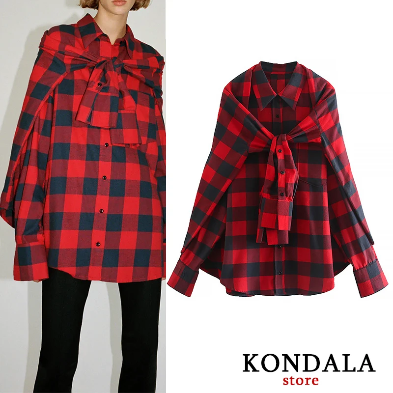 

KONDALA Women's Shirt Za Red Plaid Print Streetwear Oversized Shirts Long Sleeve Turn-Down Collar Plus Size Blouse Mujer Tops