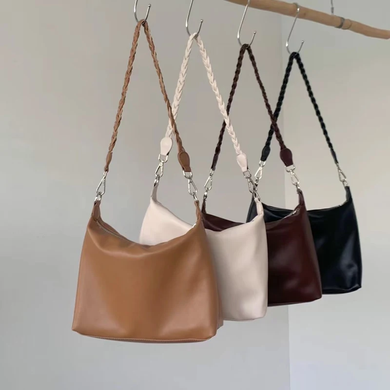 

2021 New Small Women Zipper Handbags Female Shoulder Bag Casual PU Leather Ladies Crossbody Bag Two Woven Straps Whole Sale